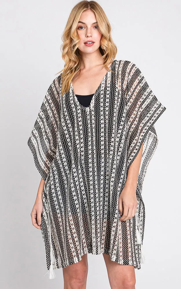 MS0341 STRIPED PATTERN CROCHET COVER-UP PONCHO
