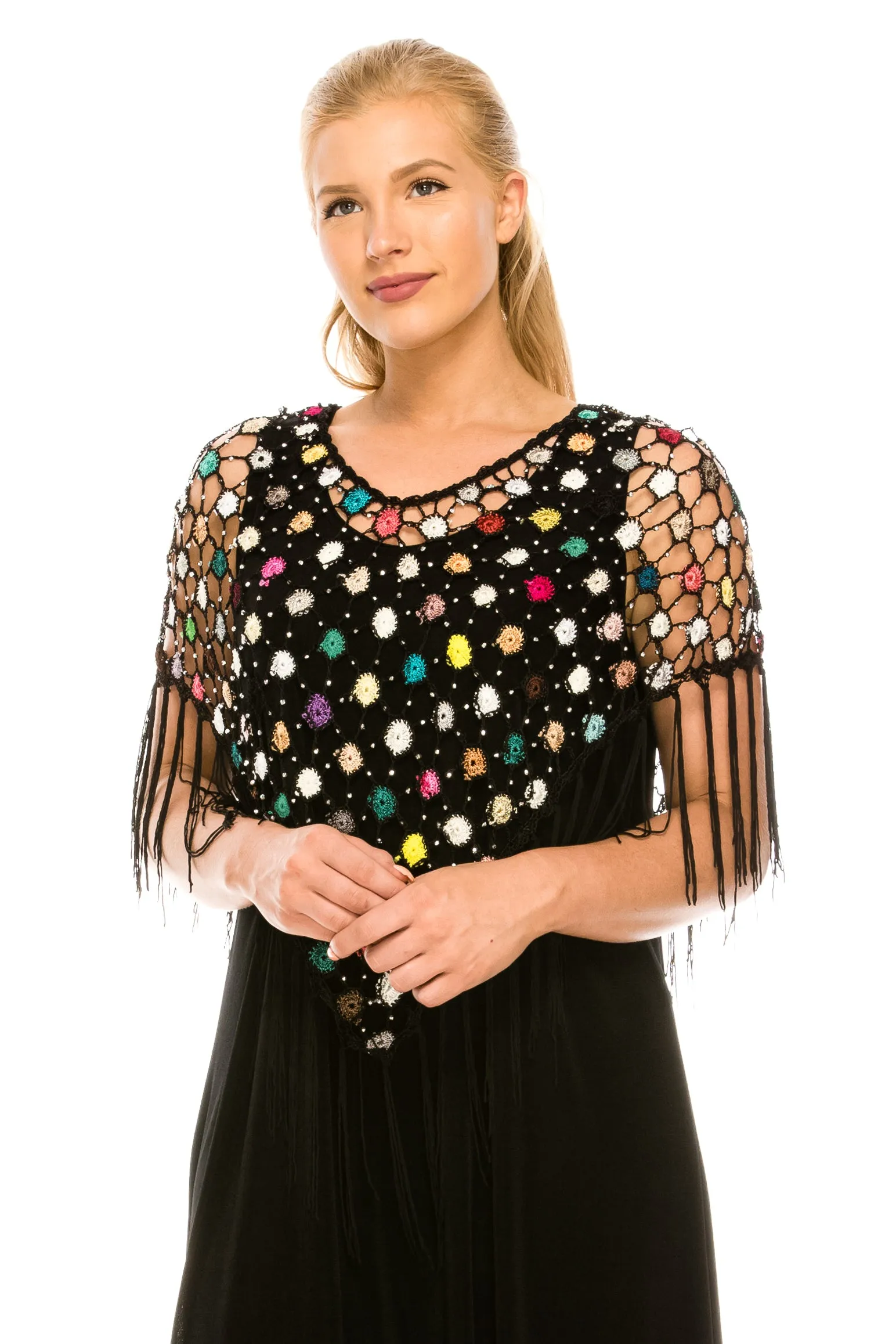 Multicolor Flower Crochet Tassel Poncho Small
