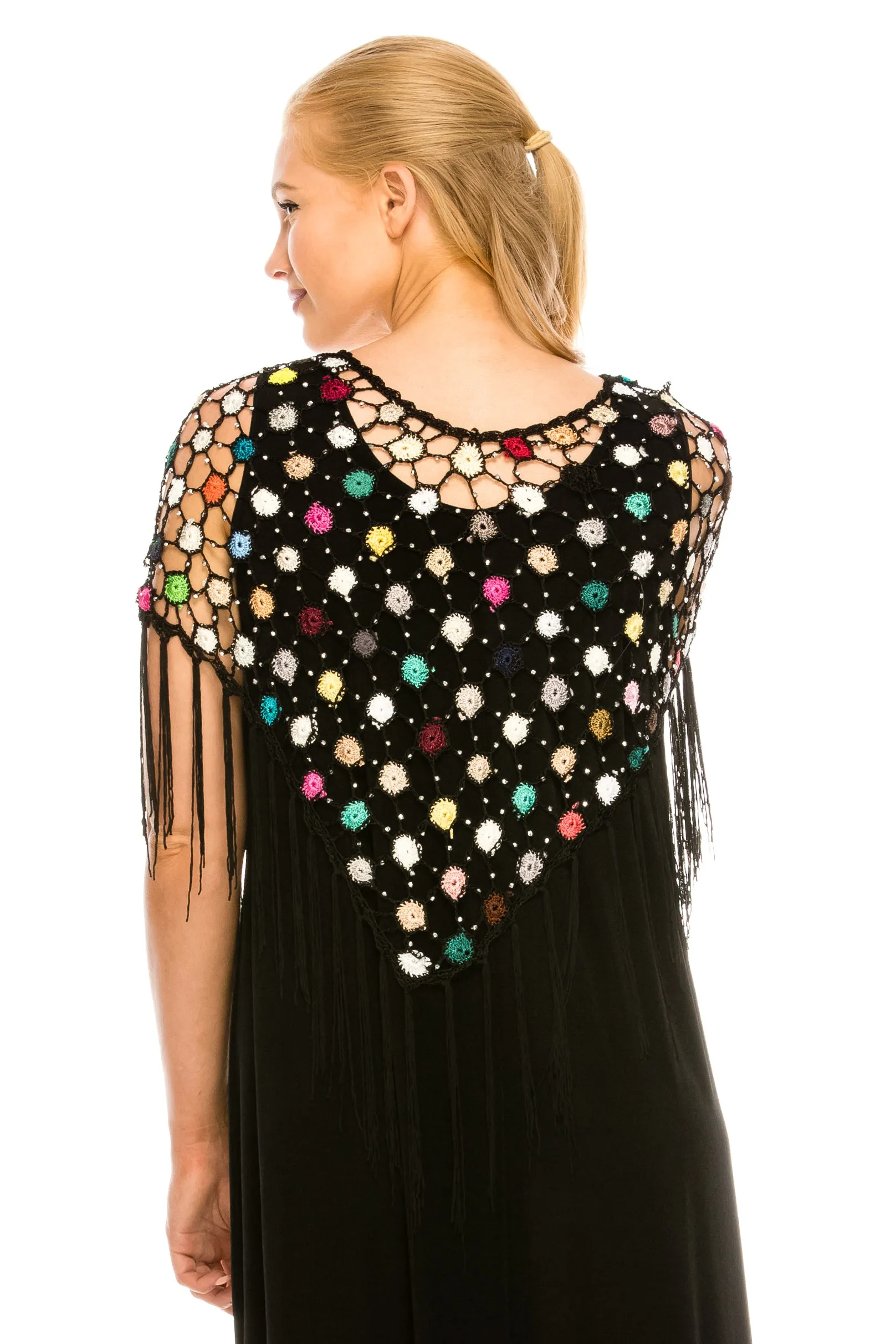 Multicolor Flower Crochet Tassel Poncho Small