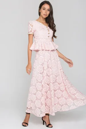Pink Velvet Flower Lace Midi Dress