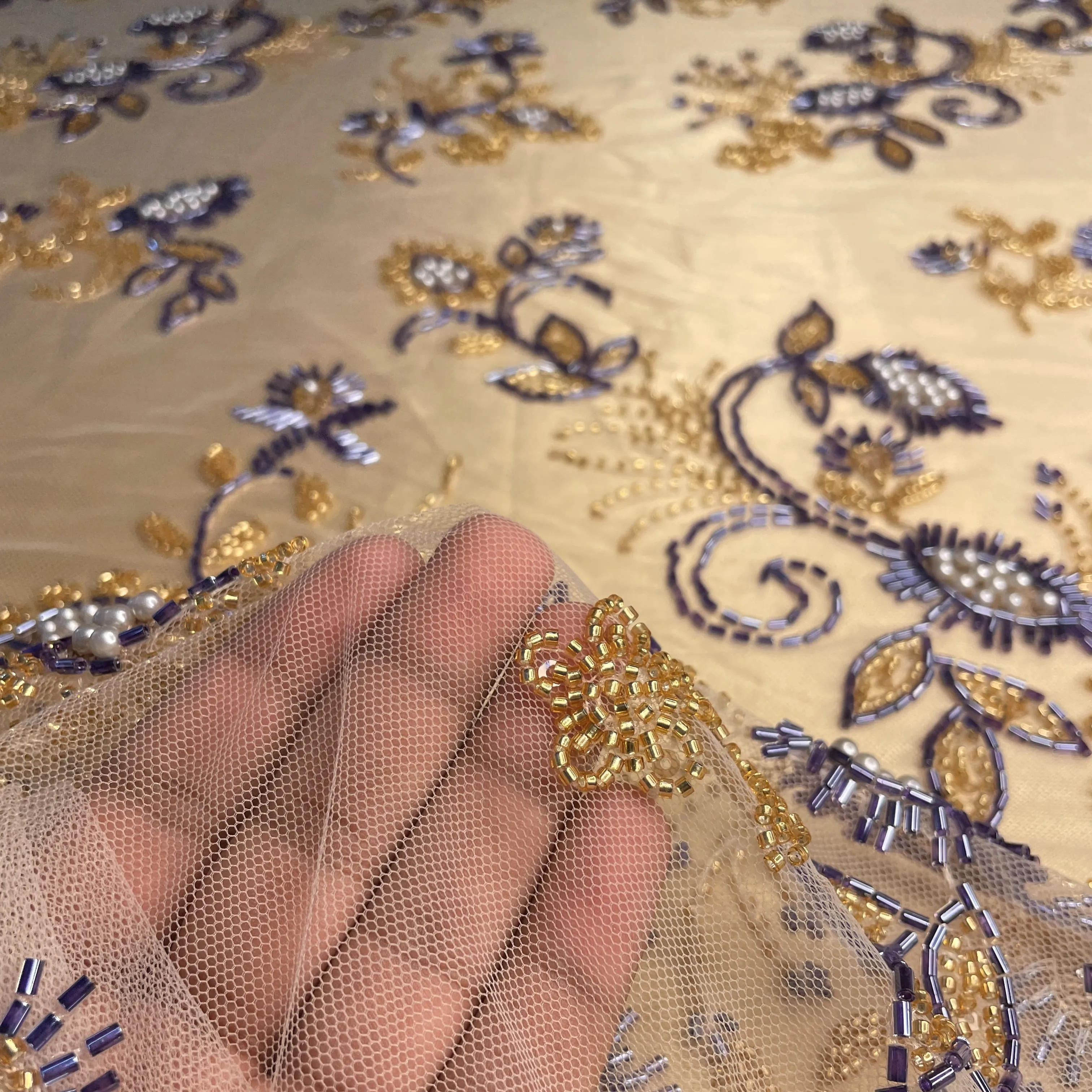 Premium Cream Floral Heavy Pearl Sequins CutDana Embroidery Net Fabric