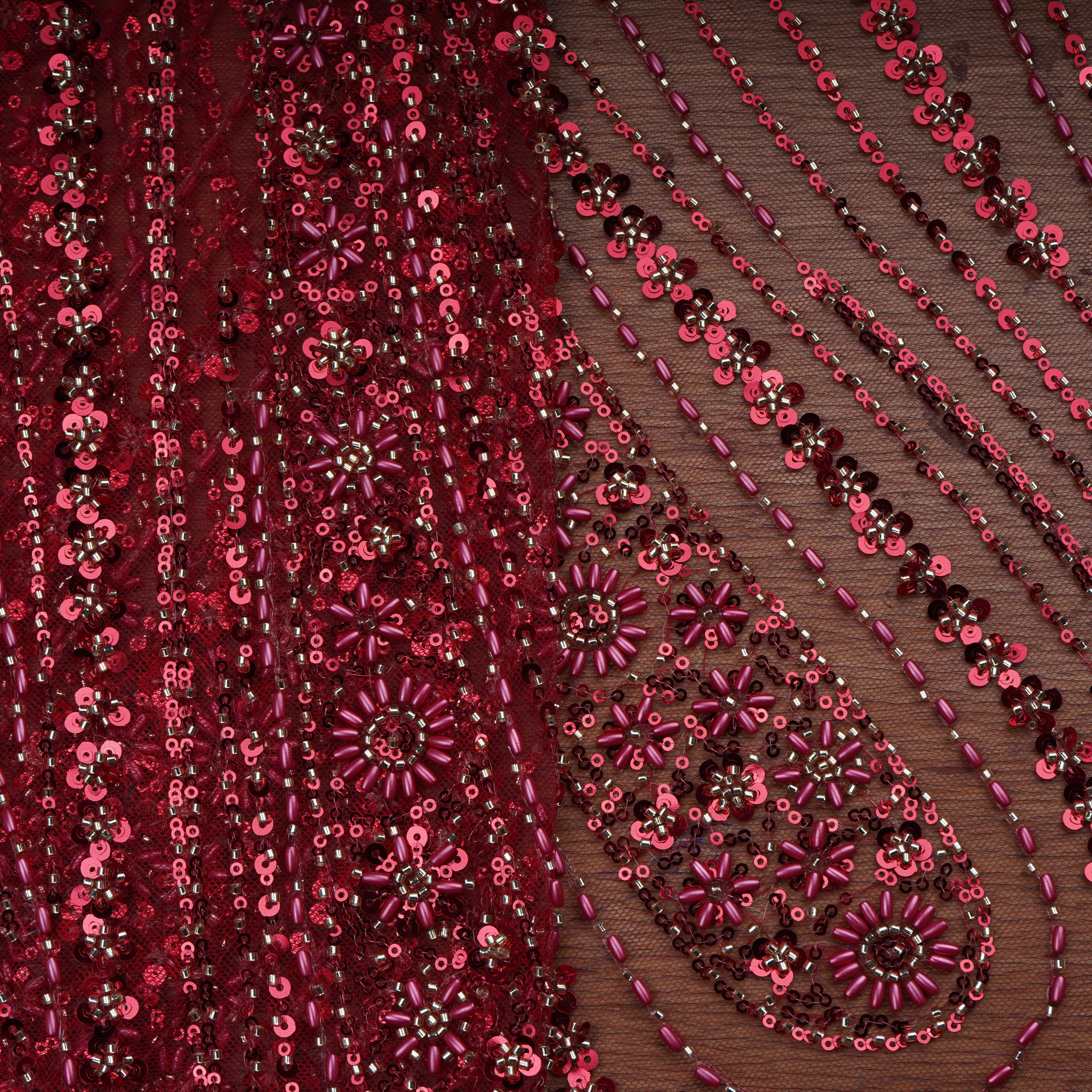 Red Cutdana & Ricebeads Embroidery Net Fabric 20895