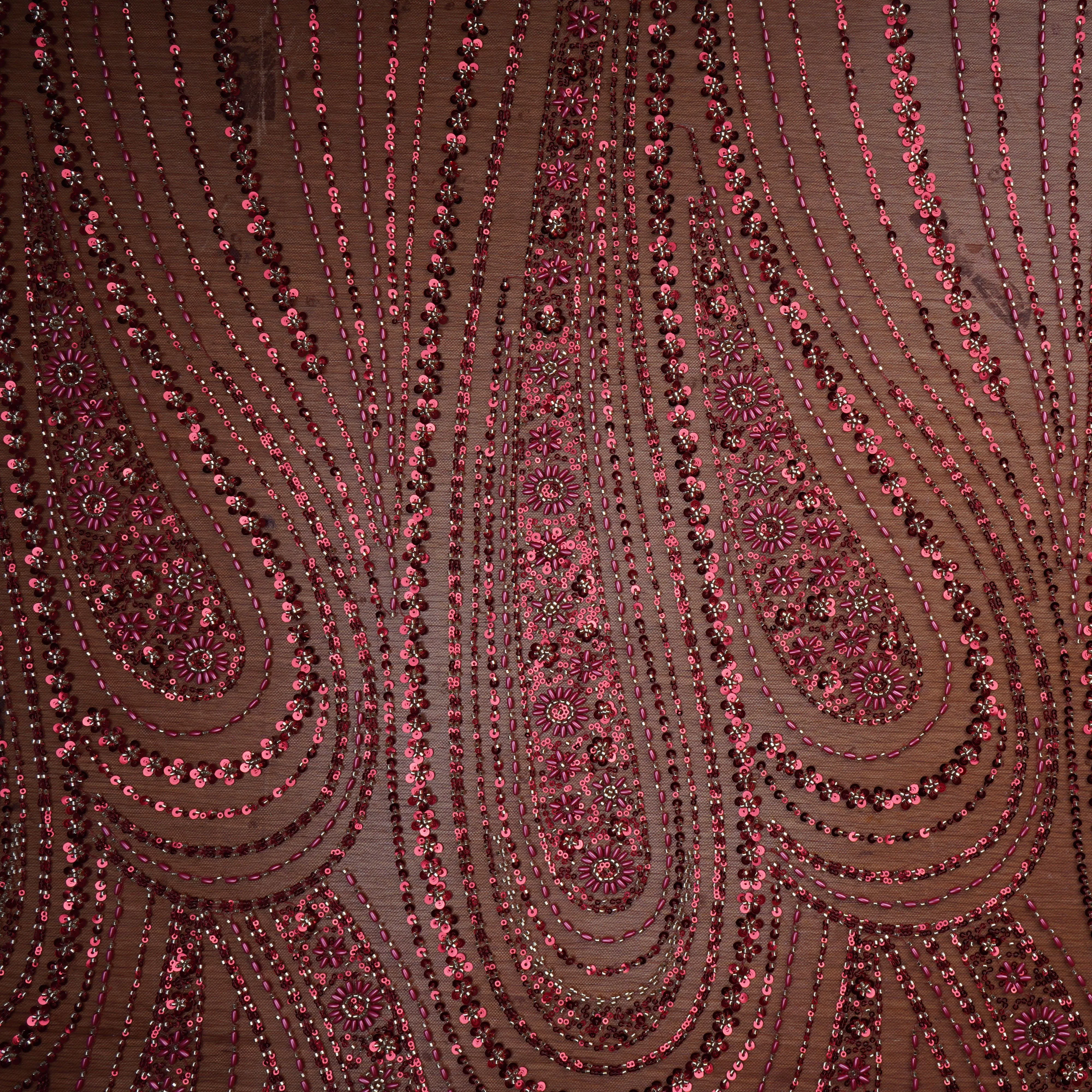 Red Cutdana & Ricebeads Embroidery Net Fabric 20895