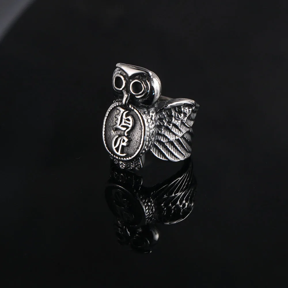 Retro Titanium Steel Owl Ring for Men - Cute Animal Sanskrit Punk Design