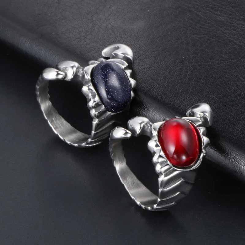 Retro Titanium Steel Scorpion Ring with Red and Blue Sandstone - Men's Hip-Hop Rock Accessory