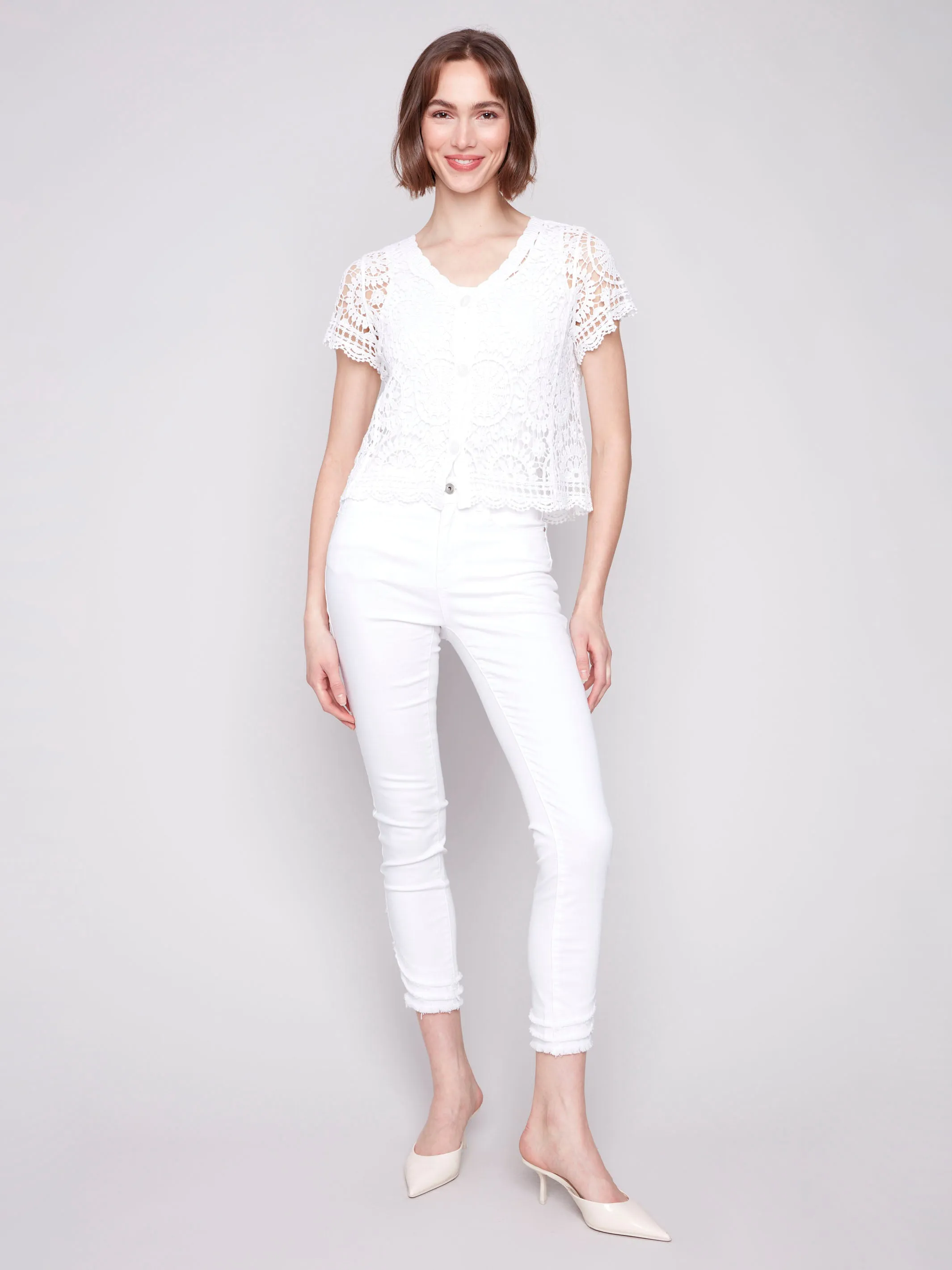 Short Sleeve Crochet Bolero Cardigan - White