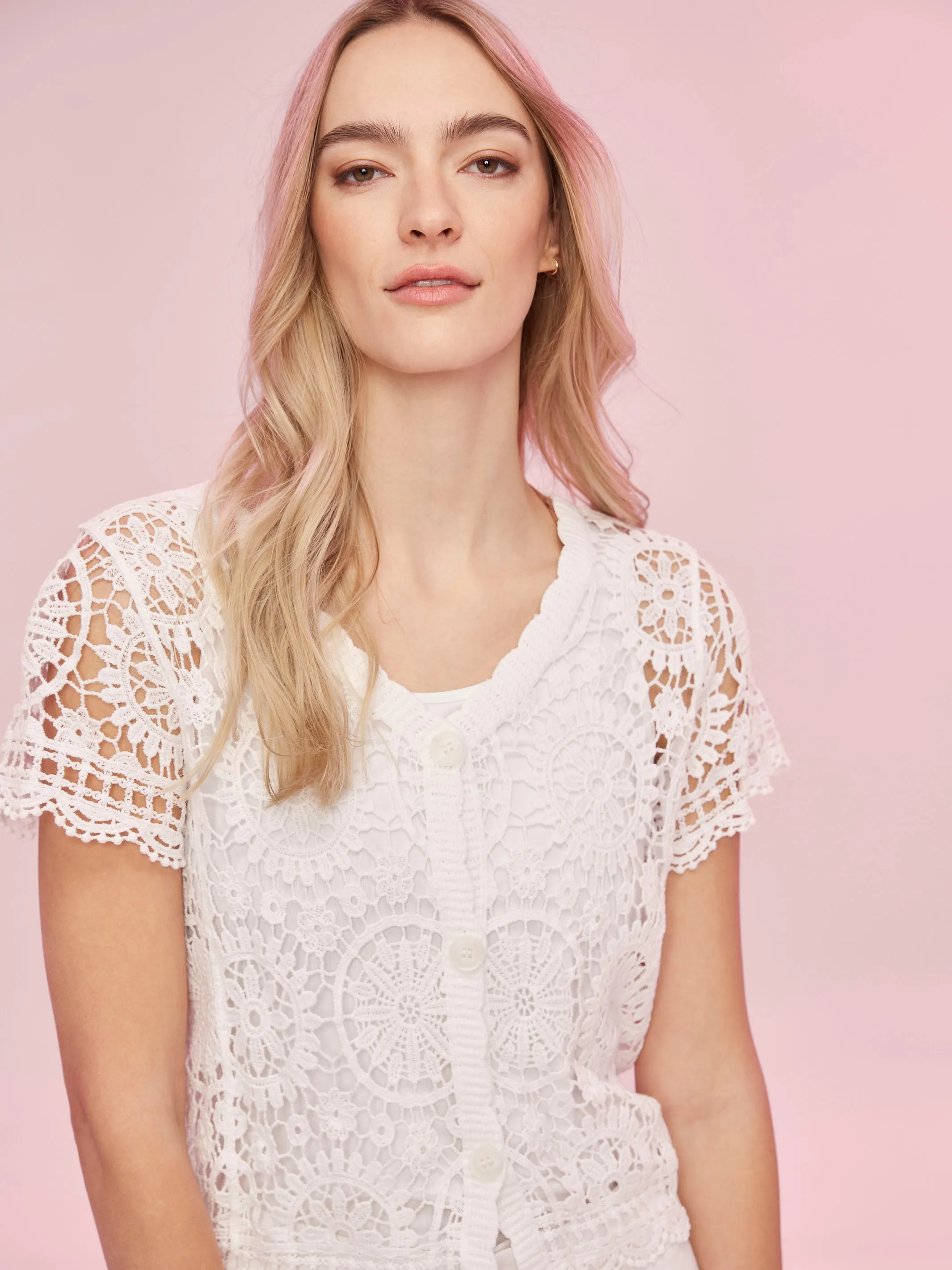 Short Sleeve Crochet Bolero Cardigan - White