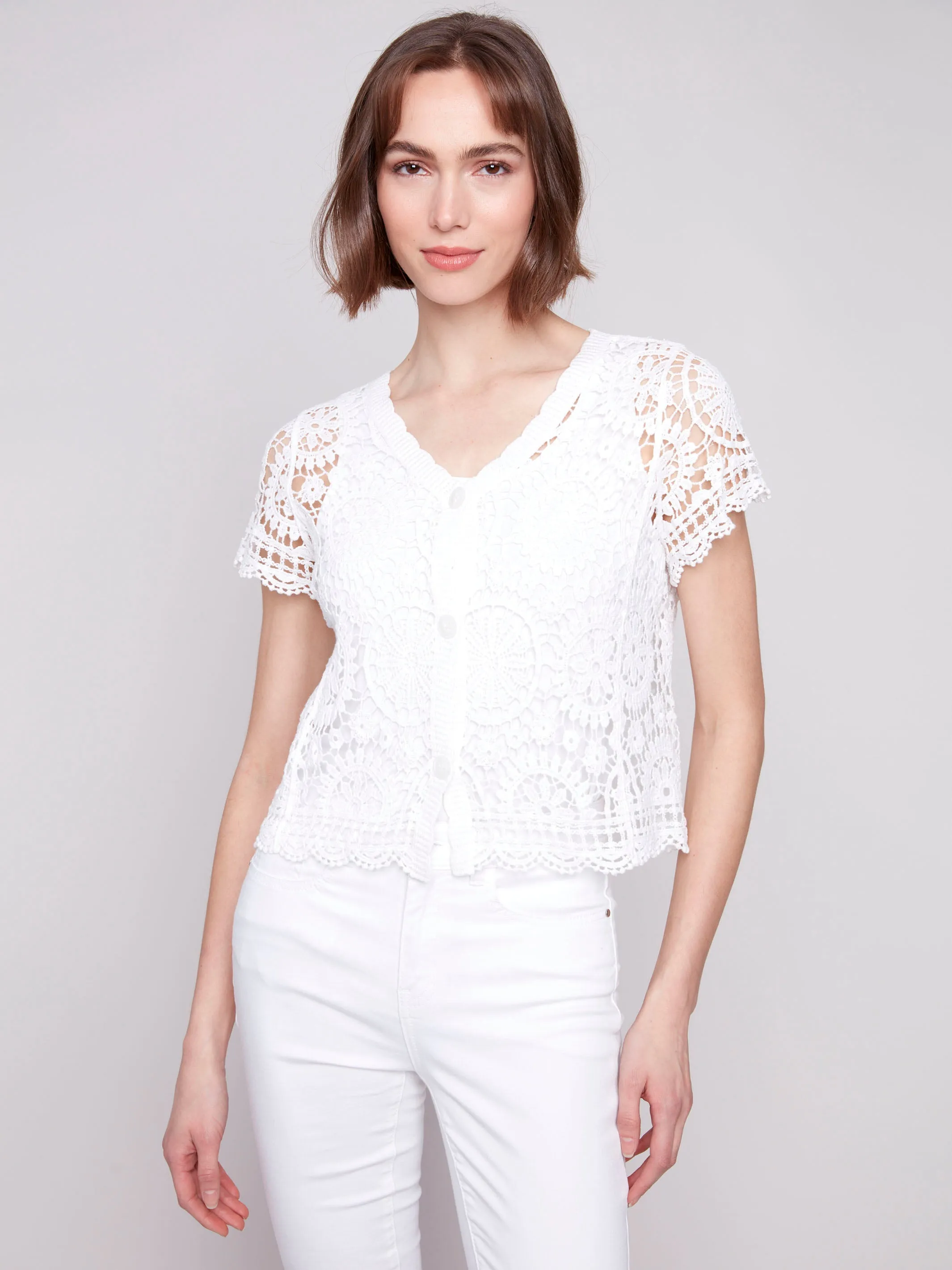 Short Sleeve Crochet Bolero Cardigan - White
