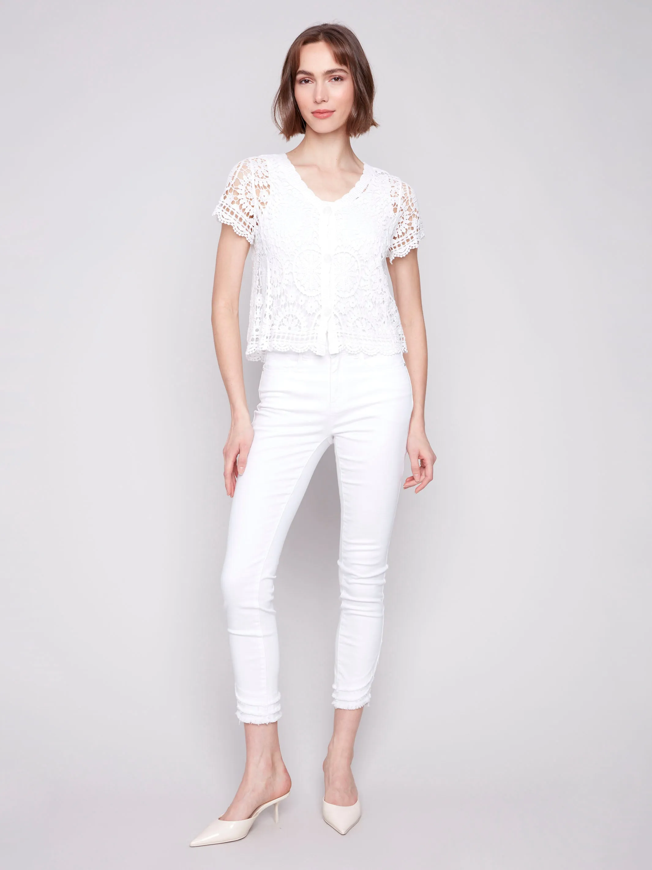 Short Sleeve Crochet Bolero Cardigan - White
