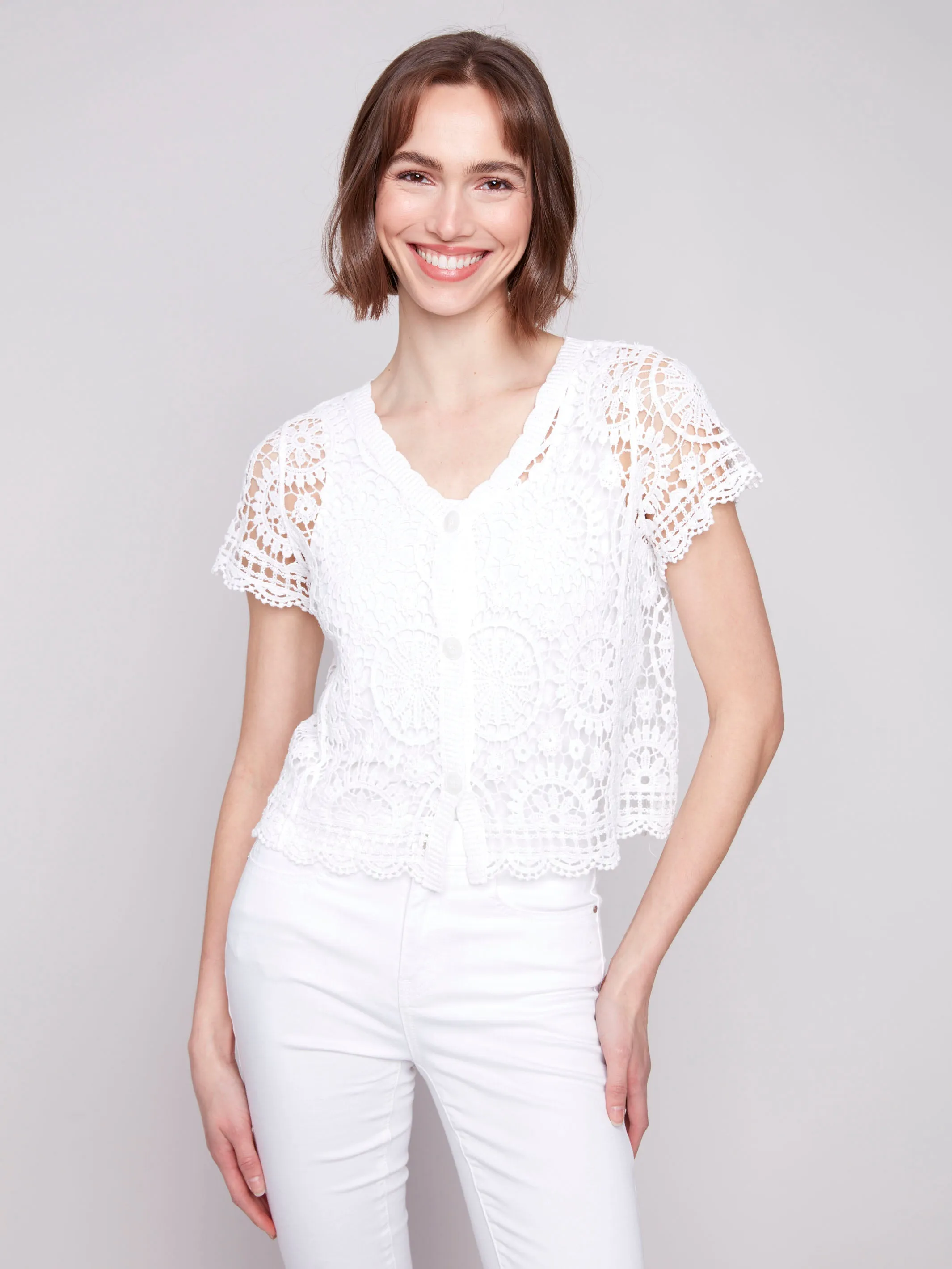 Short Sleeve Crochet Bolero Cardigan - White