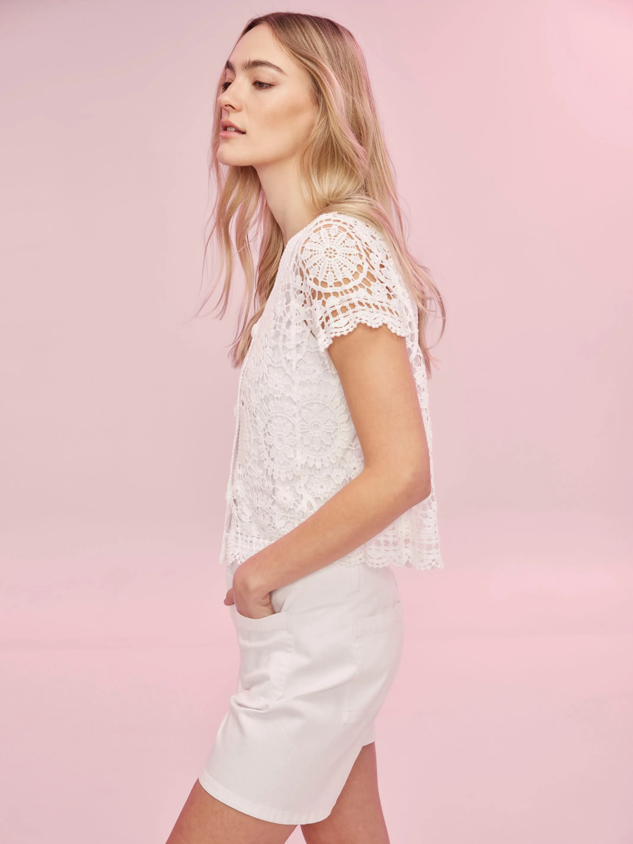 Short Sleeve Crochet Bolero Cardigan - White