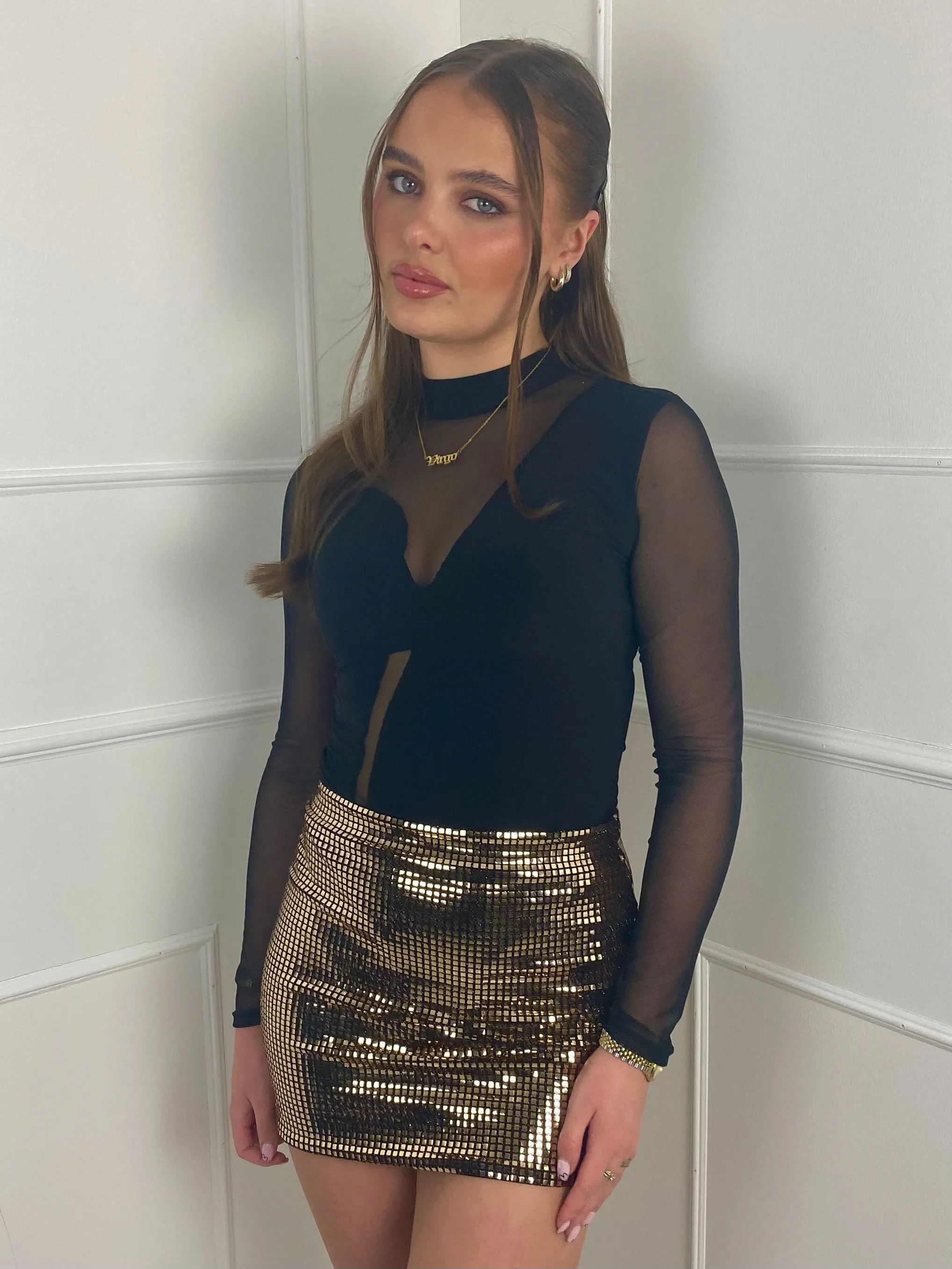 Square Sequin Mini Skirt- Gold
