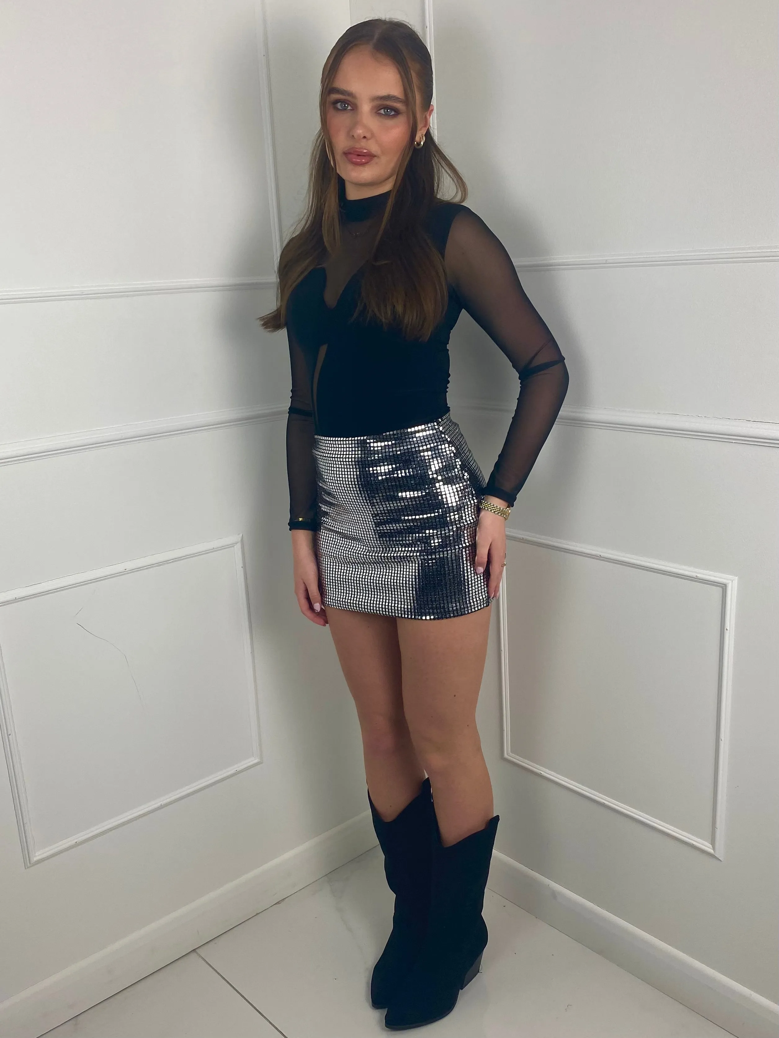 Square Sequin Mini Skirt- Silver