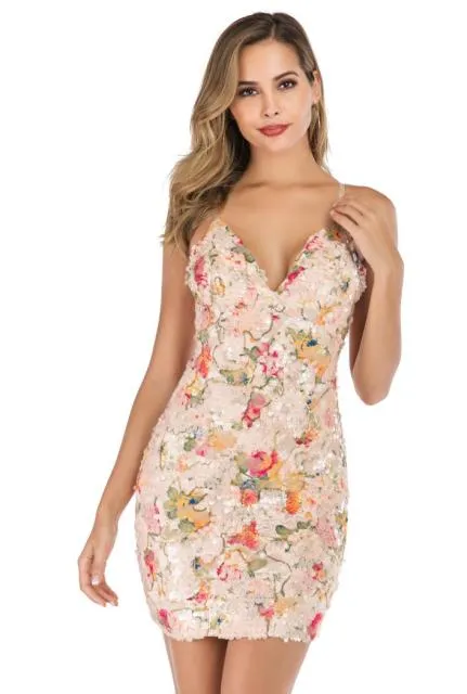 Vintage Backless floral Sequin summer mini dress