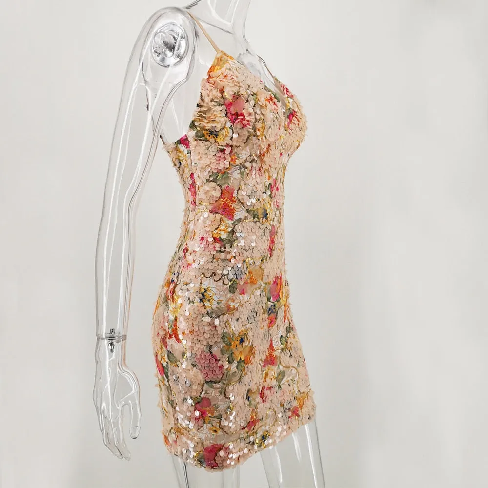Vintage Backless floral Sequin summer mini dress