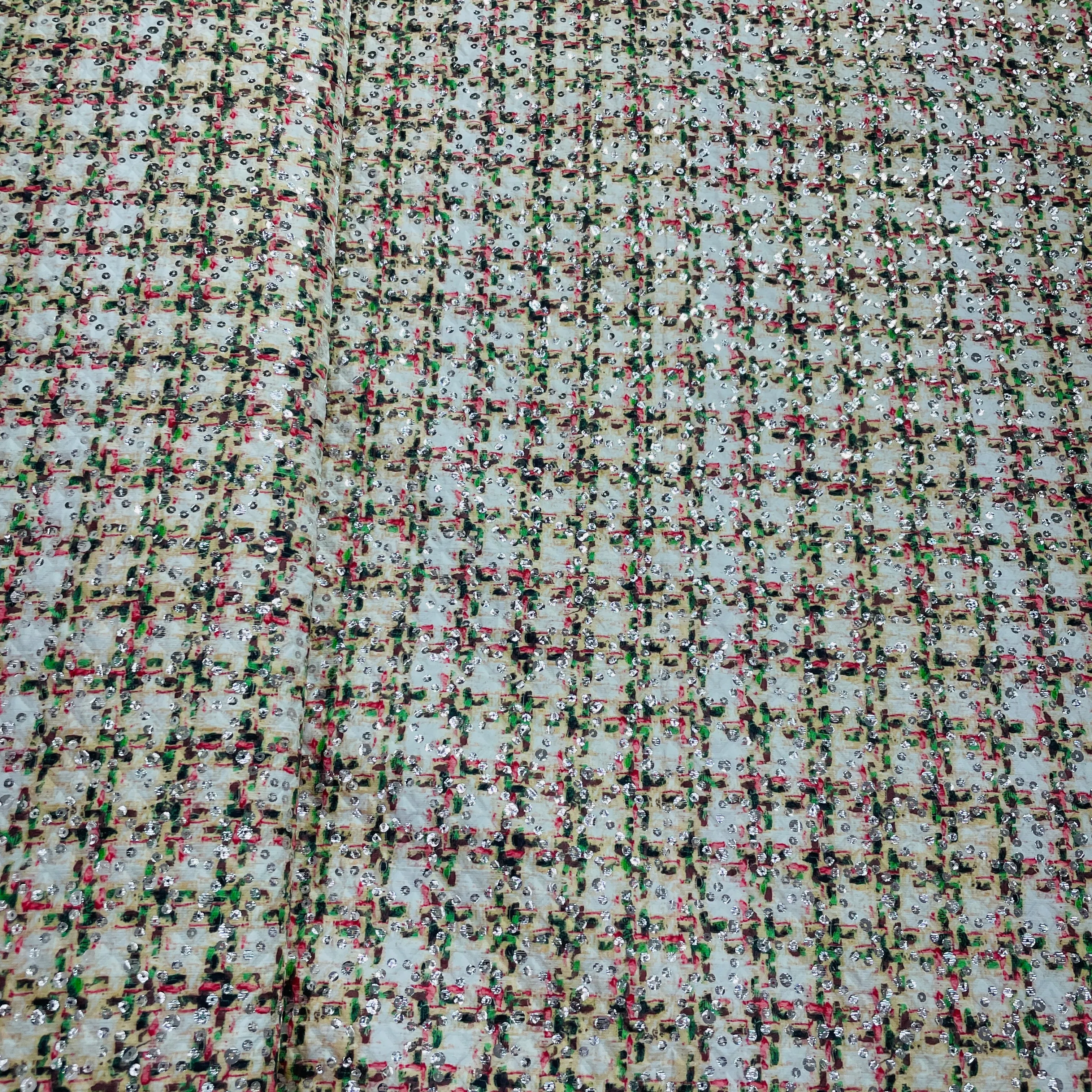 White & Multicolor Embossed Satin Fabric