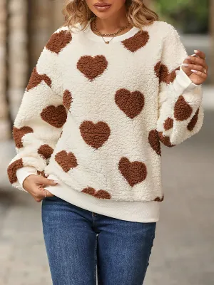 Women Love Heart Printed Loose Long Sleeve Round Neck Pullover Plush Sweatshirt