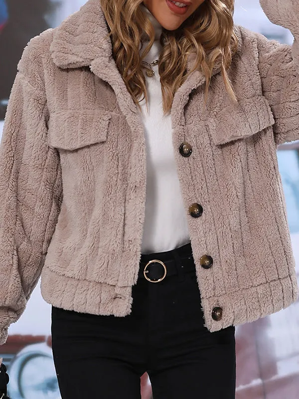 Women's Lapel Long Sleeve Loose Single Breasted Cardigan Reversible Plush Jacket