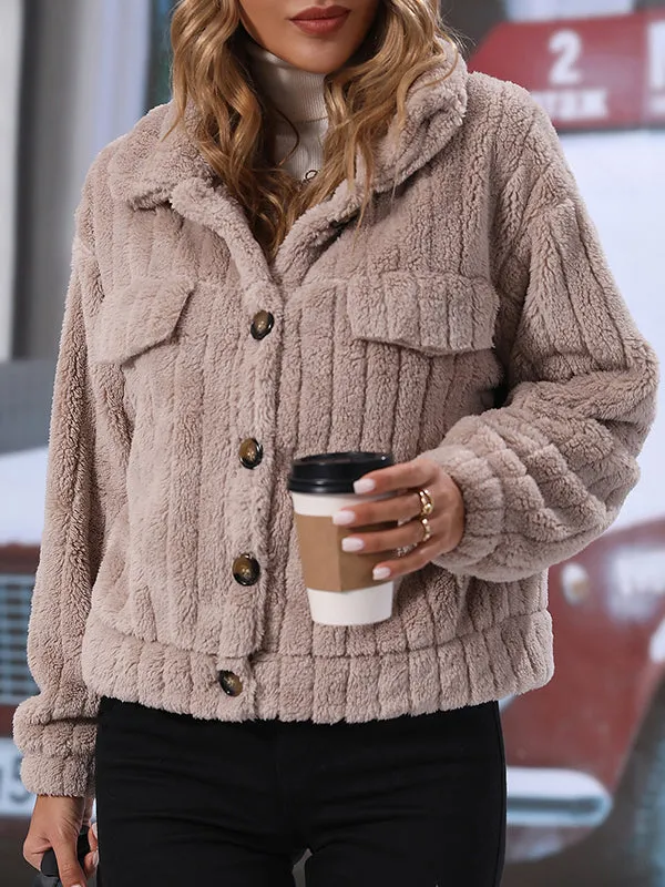 Women's Lapel Long Sleeve Loose Single Breasted Cardigan Reversible Plush Jacket