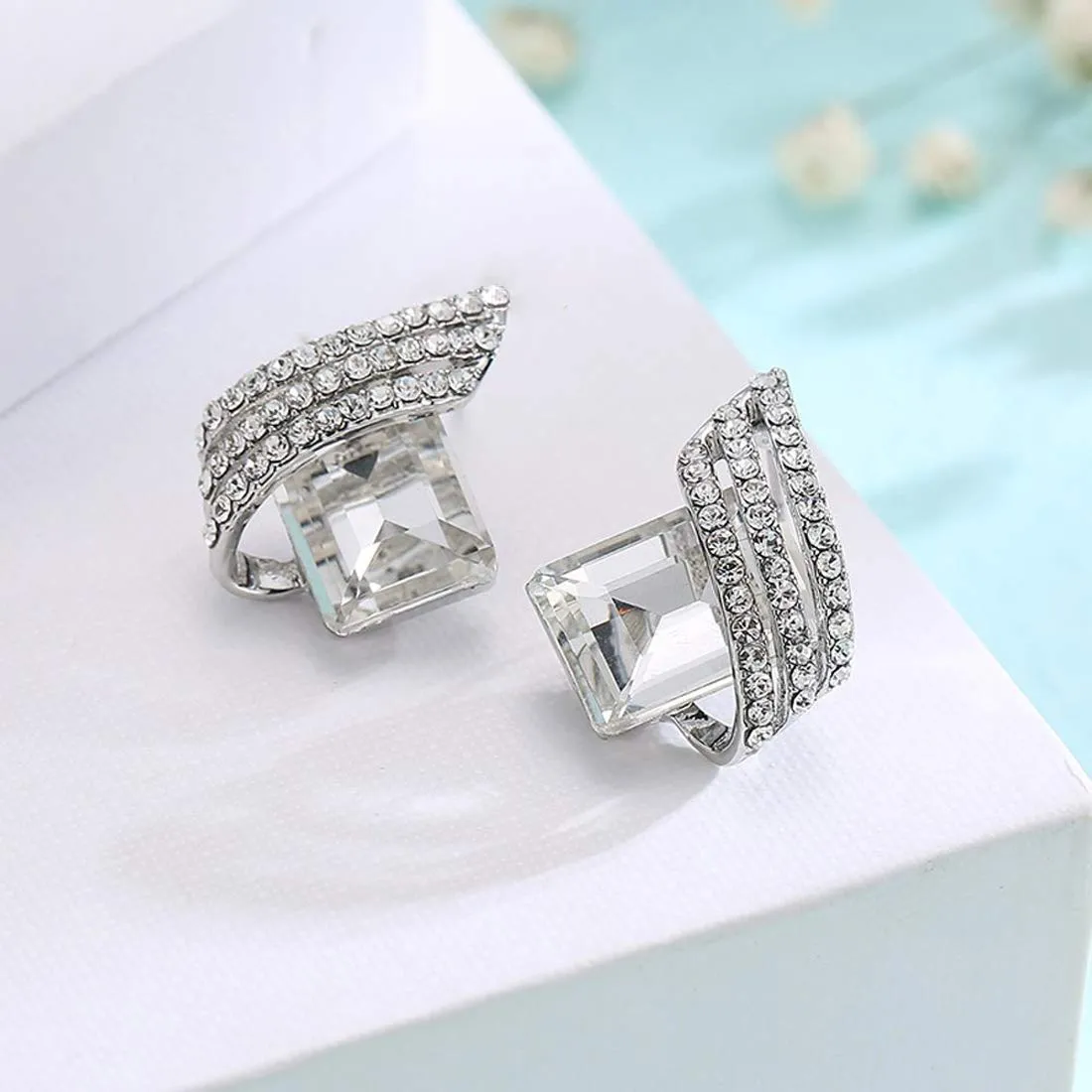 Yellow Chimes Silver Plated White Crystal Stud Earrings for Women