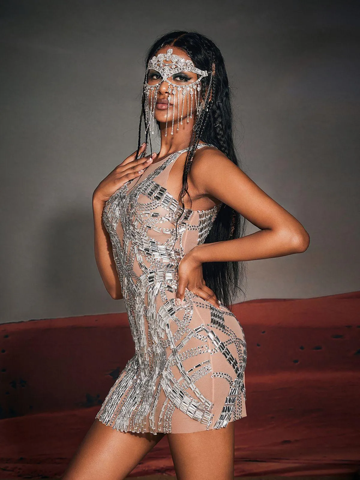 Zaiden Rhinesone Mesh Mini Dress