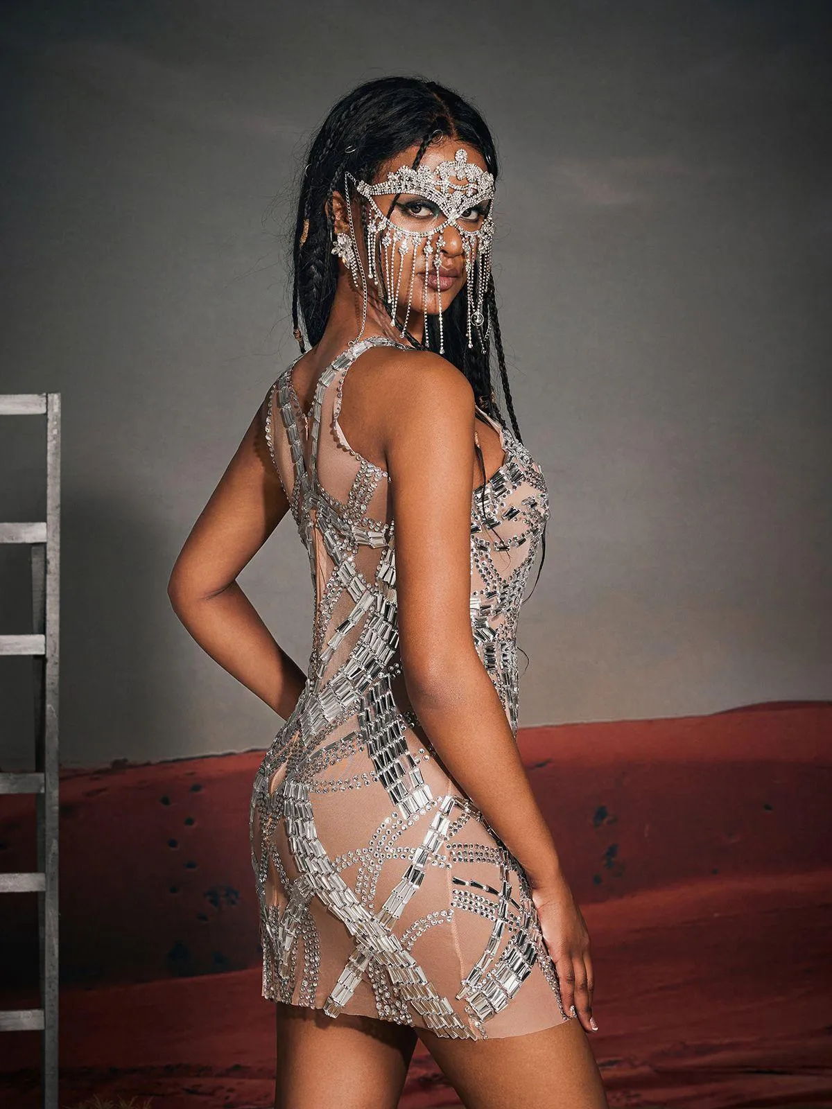 Zaiden Rhinesone Mesh Mini Dress