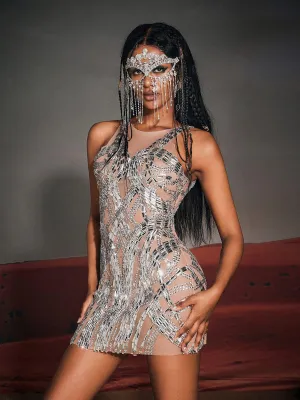 Zaiden Rhinesone Mesh Mini Dress