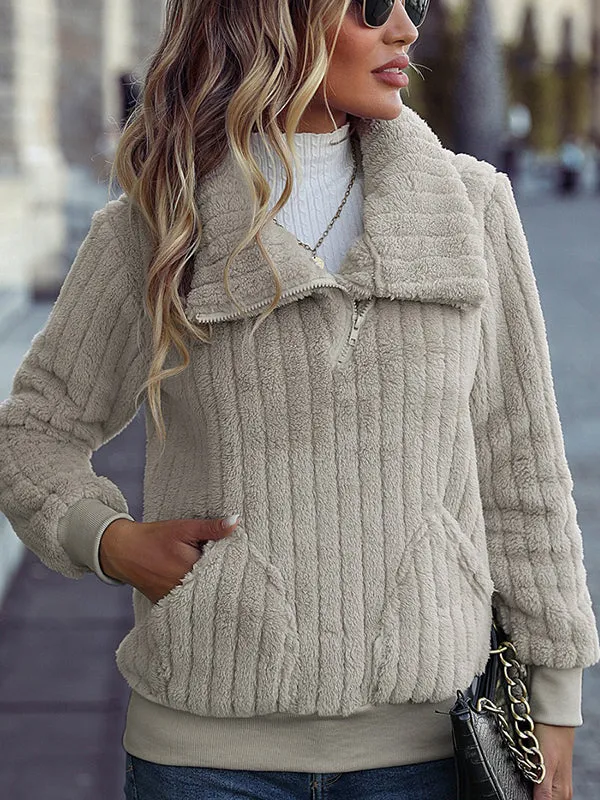 Zipper Ribbed Casual Plush Sweatshirt