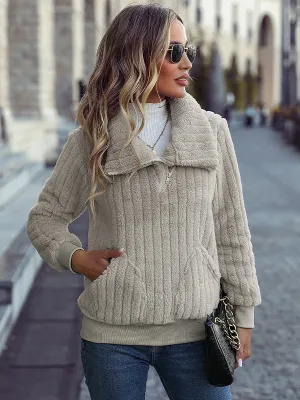 Zipper Ribbed Casual Plush Sweatshirt