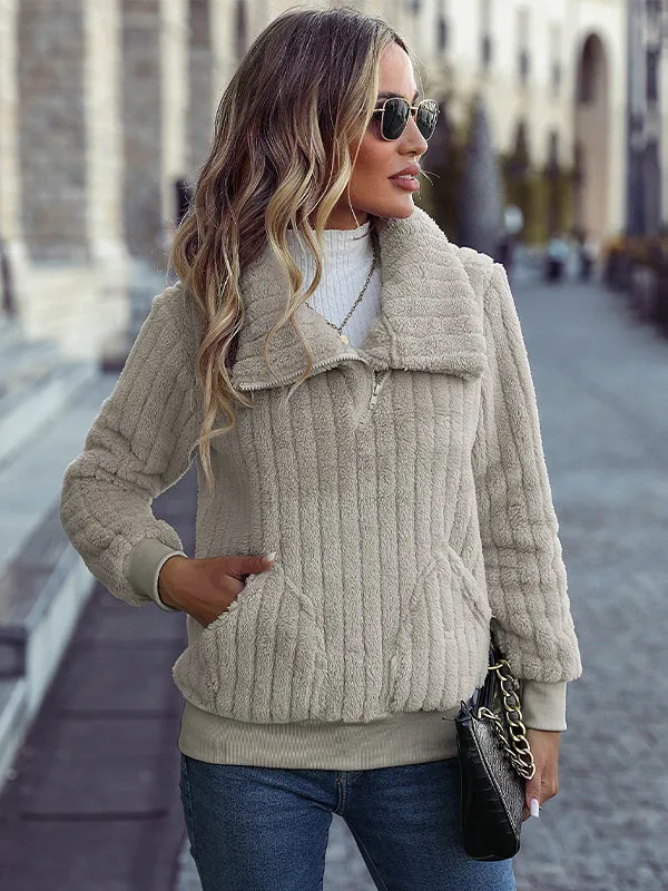 Zipper Ribbed Casual Plush Sweatshirt