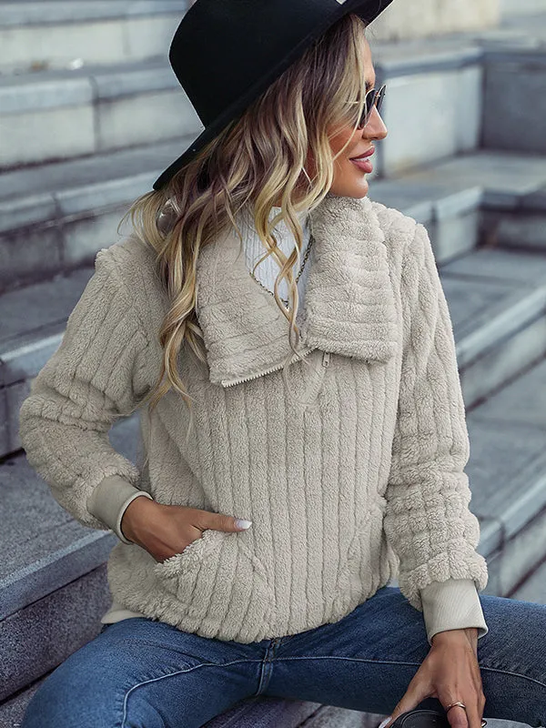 Zipper Ribbed Casual Plush Sweatshirt