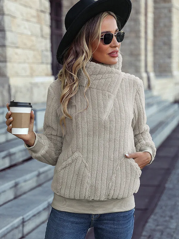 Zipper Ribbed Casual Plush Sweatshirt